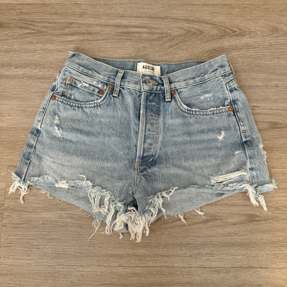 agolde light blue high waisted rise distressed ripped denim jeans shorts bottom